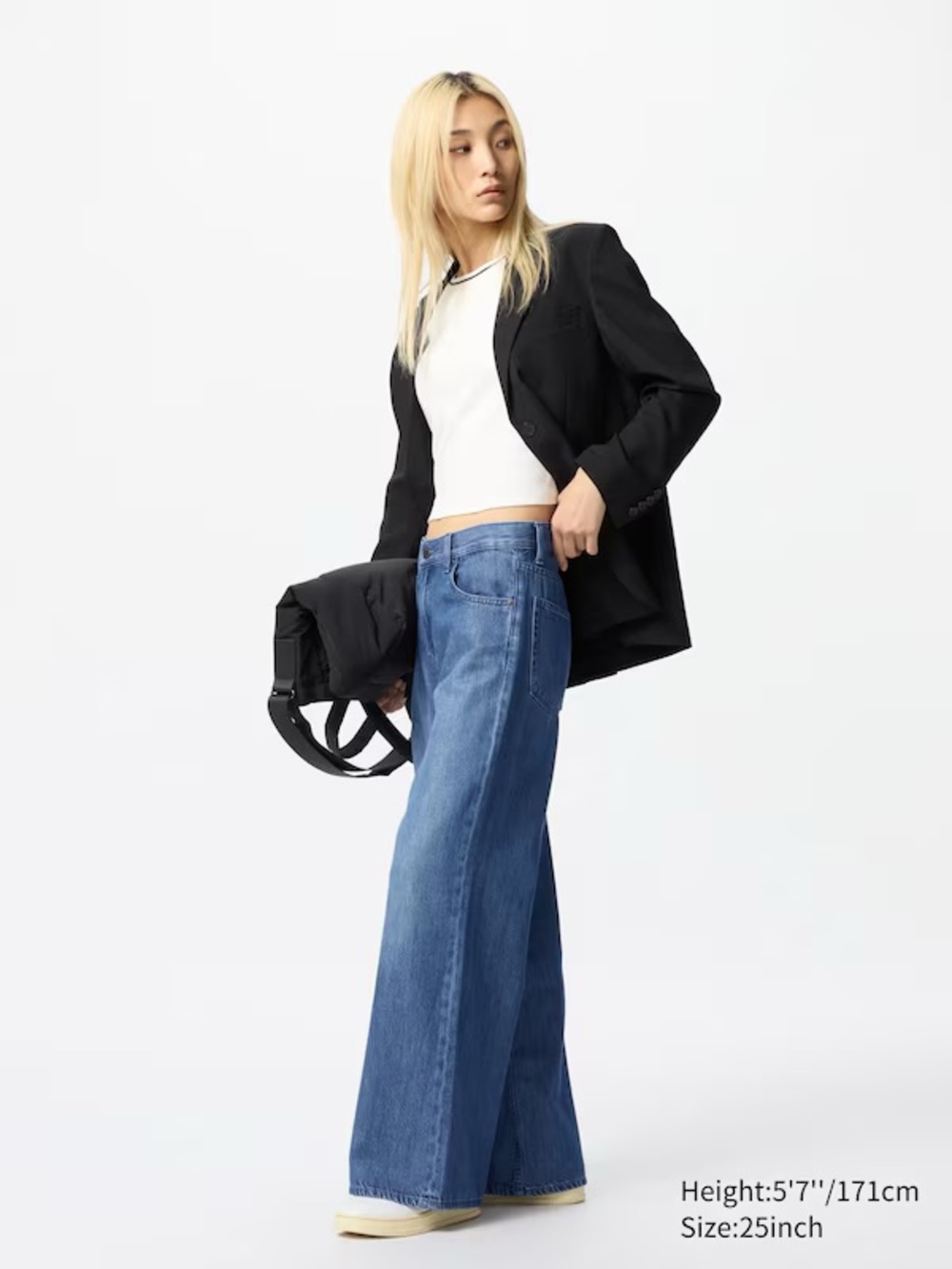 Uniqlo Drapey Wide Flare Jeans in Dark Blue Denim 66 Blue